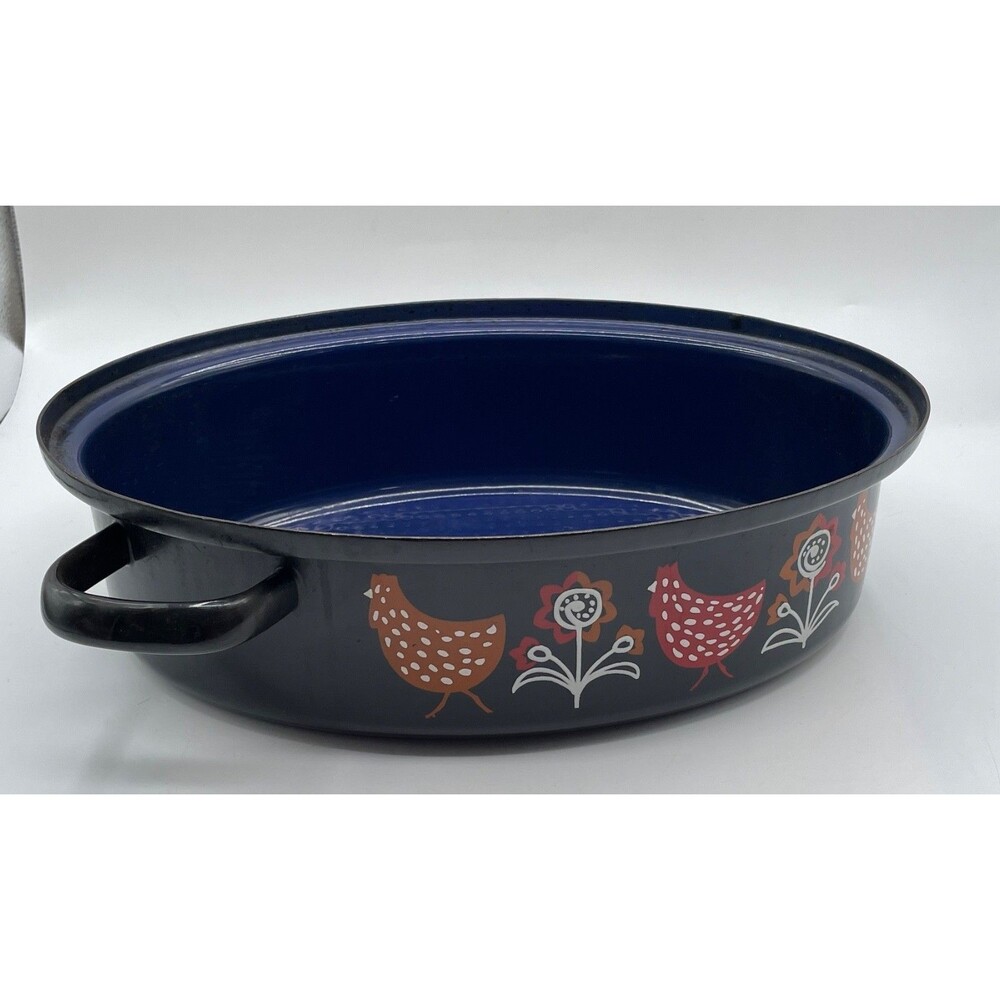 Vtg Blue Enamel Roasting Pan Offset Handles Folk Art Chicken Flower 13x9x4 Rare